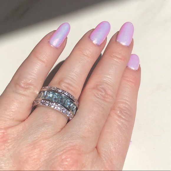 Aquamarine & Crystal Bling Band Silver Ring - Picture 6 of 8